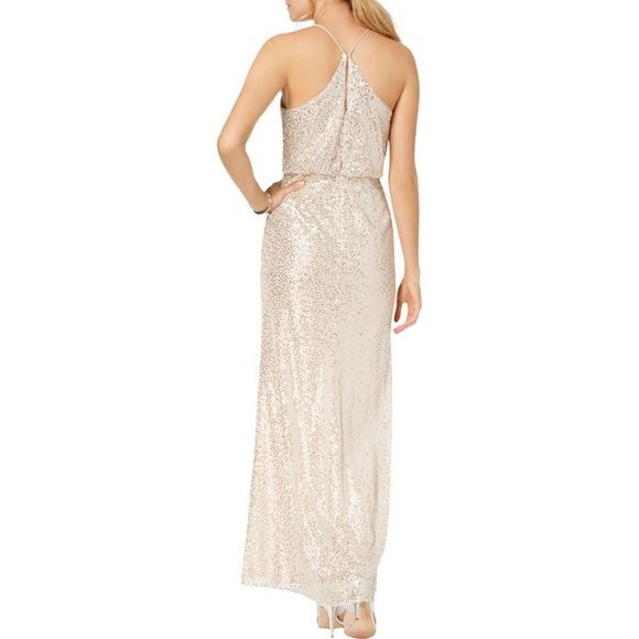 Adrianna Papell Women's Nude Sequined Blouson Halter Formal Gown Sz10M $179 - Picture 2 of 5